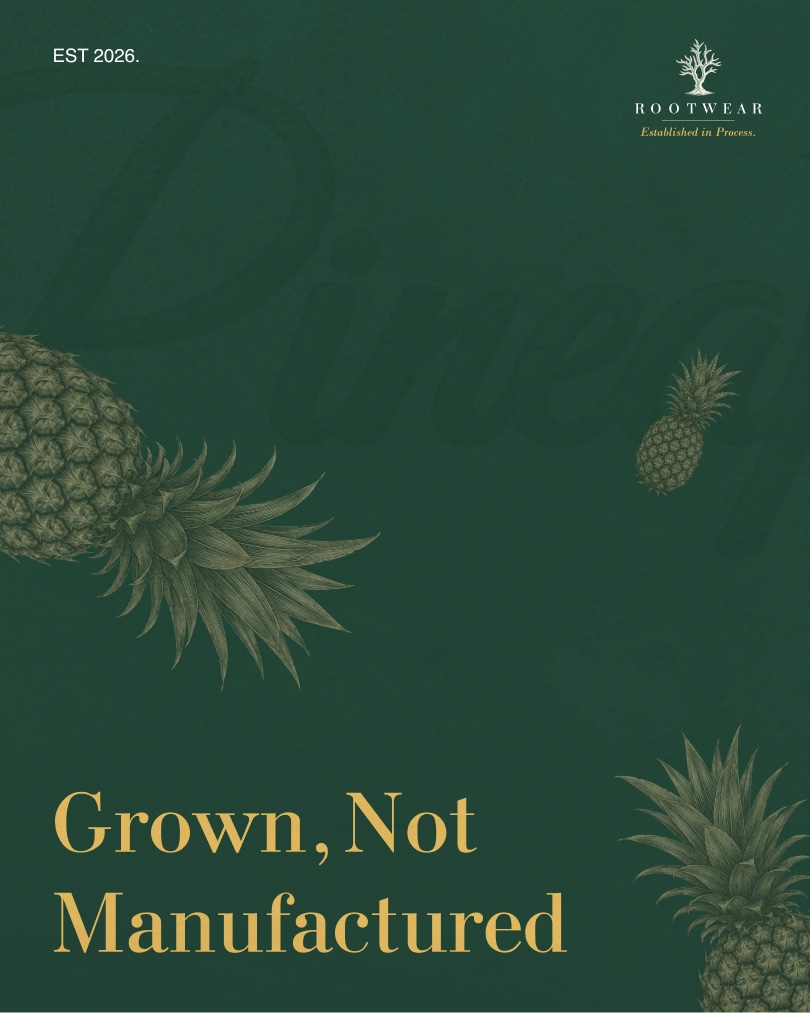 Rootwear Drop 01 poster: botanical pineapple studies on deep green, with the line “Grown, Not Manufactured”.
