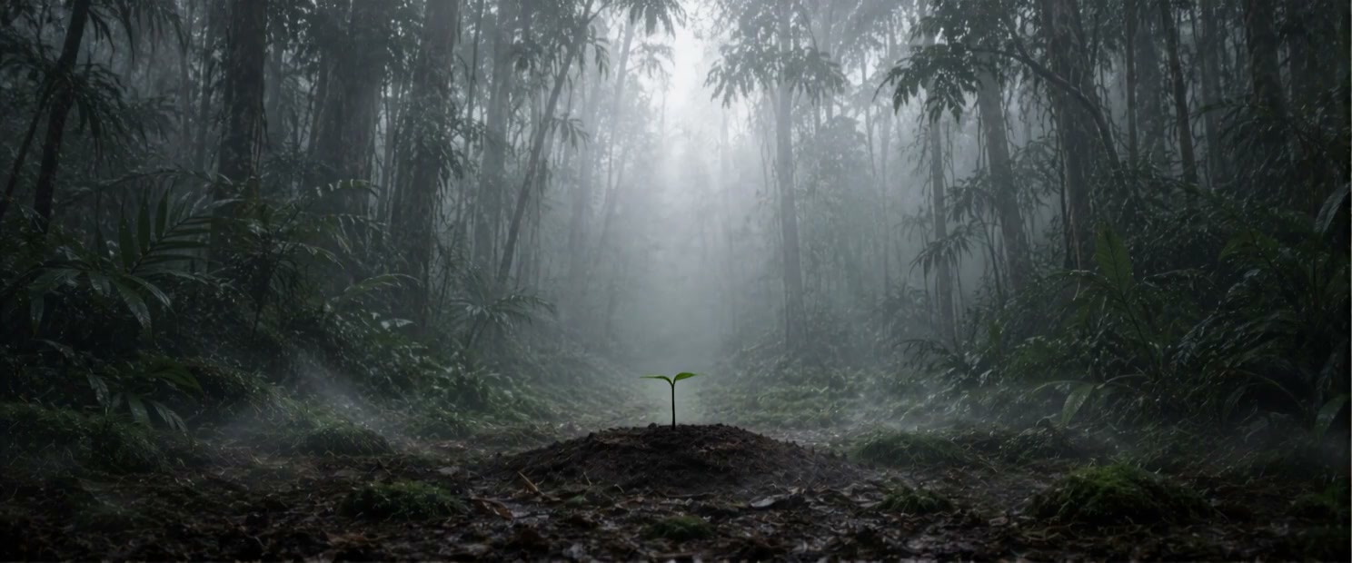 A single seedling in a clearing of a misty forest